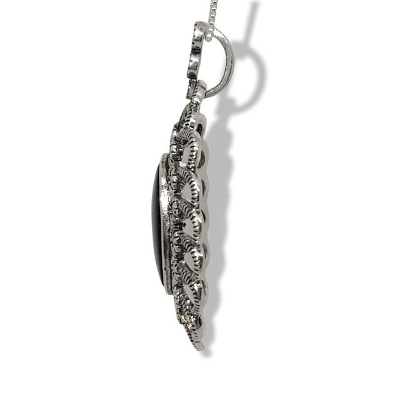 Vintage Oval Onyx Sterling Silver 925 Marcisite Elizabethian Style Pendant 18" - Picture 5 of 6
